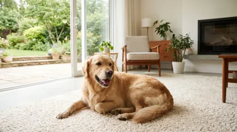 A happy dog lying in a safe, tidy living room with a secure garden visible through open doors in warm light