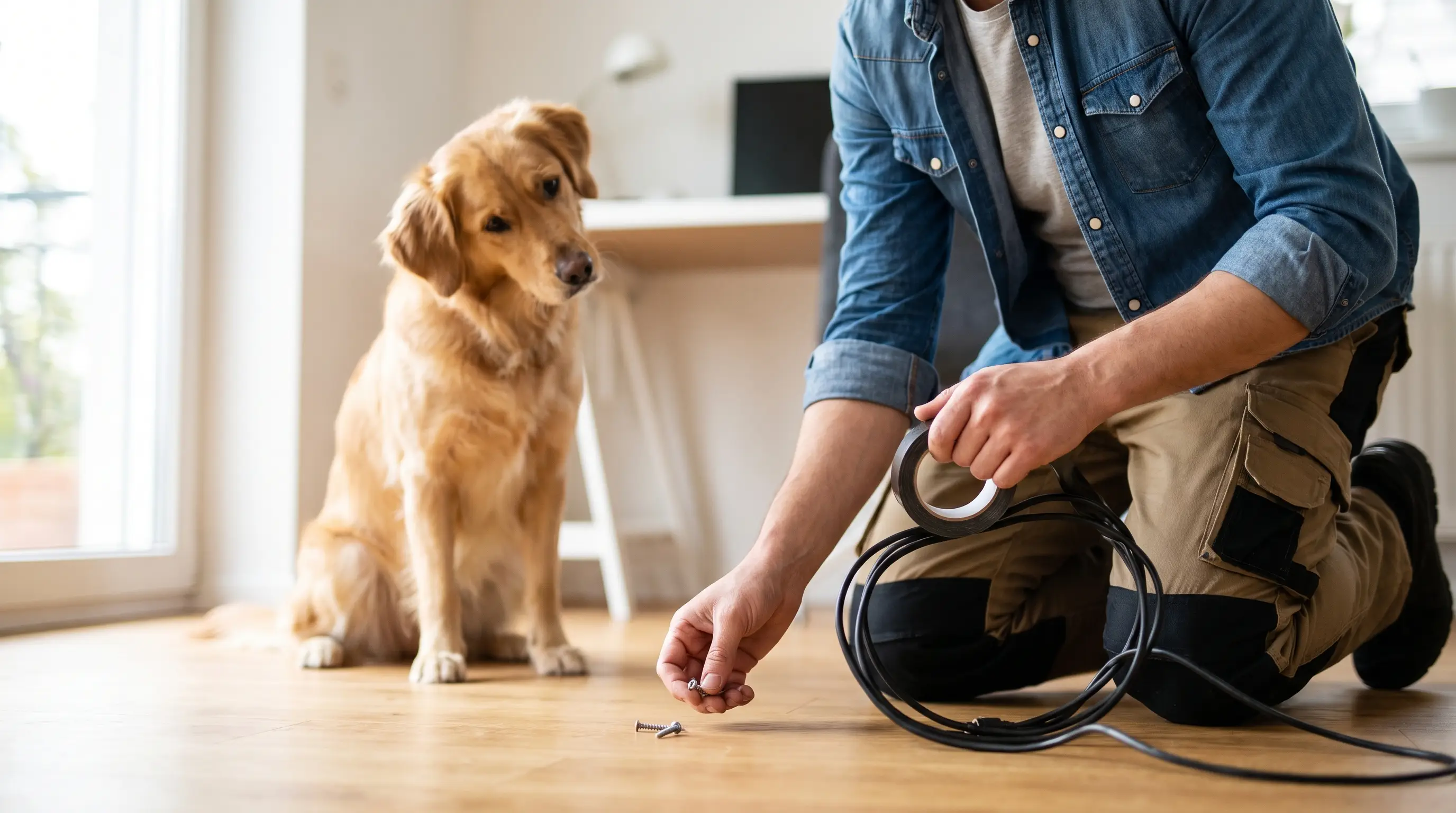 Una persona inginocchiata a fissare con il nastro i cavi che strisciano sul pavimento mentre un cane osserva lì vicino