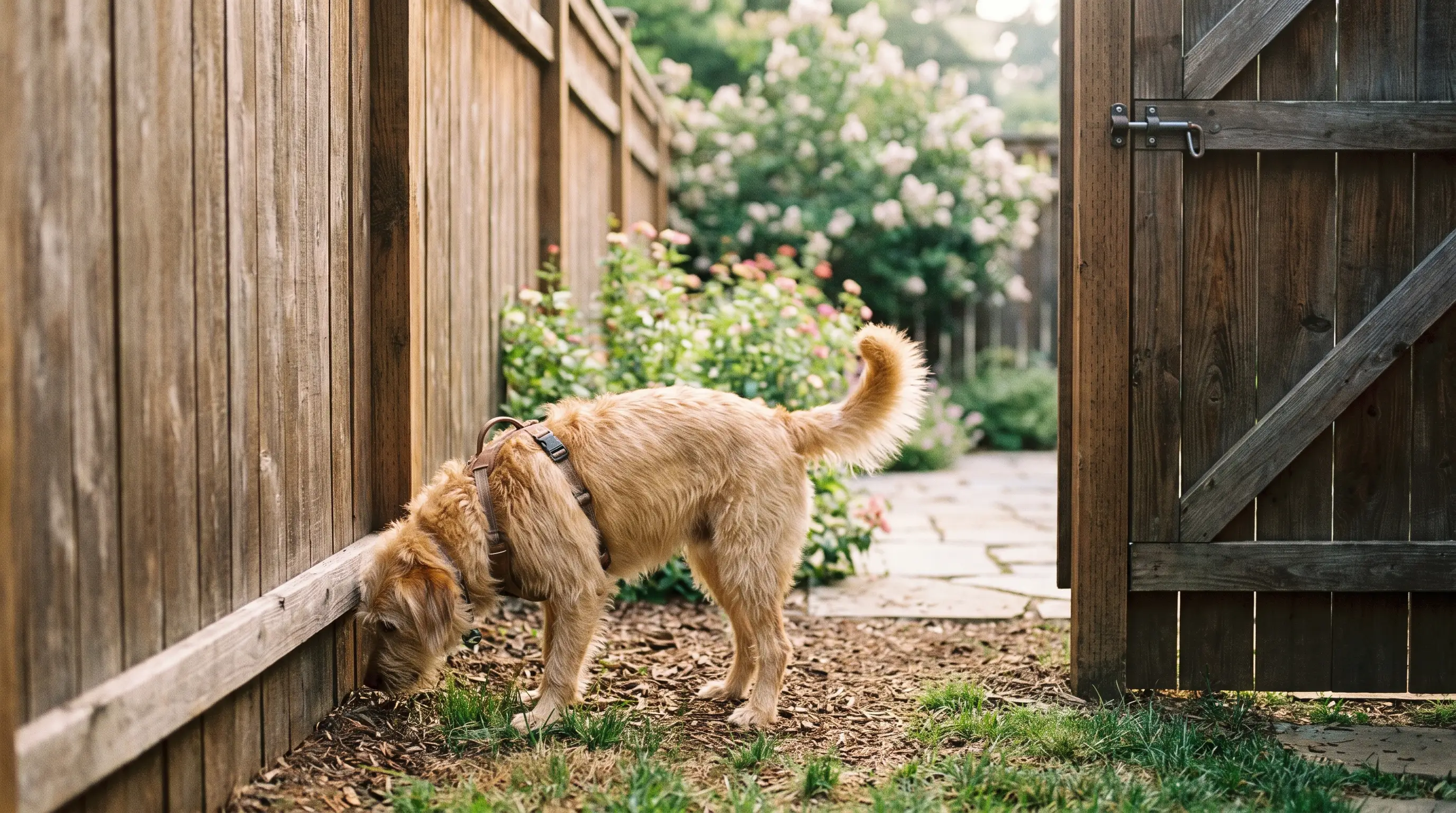 Un cane che esplora un giardino ben recintato con il cancello chiuso, nella luce calda del pomeriggio