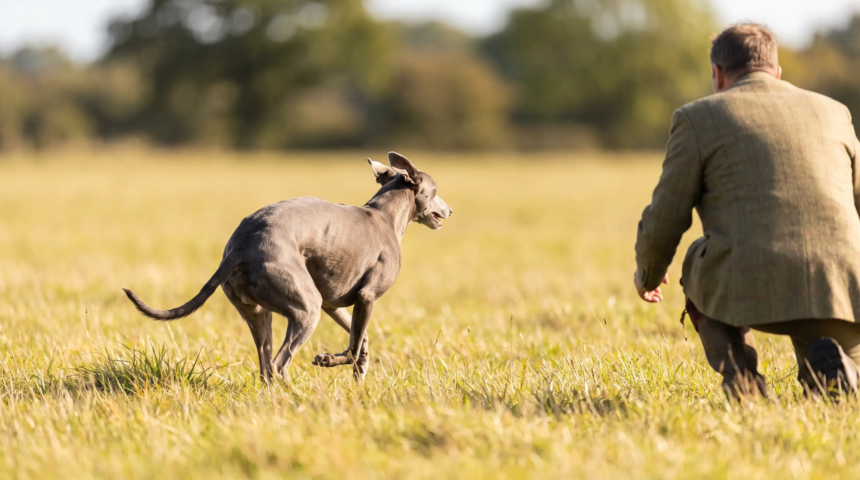 Ein Hund, der über eine offene Wiese sichtlich begeistert zu seinem Halter zurückrennt