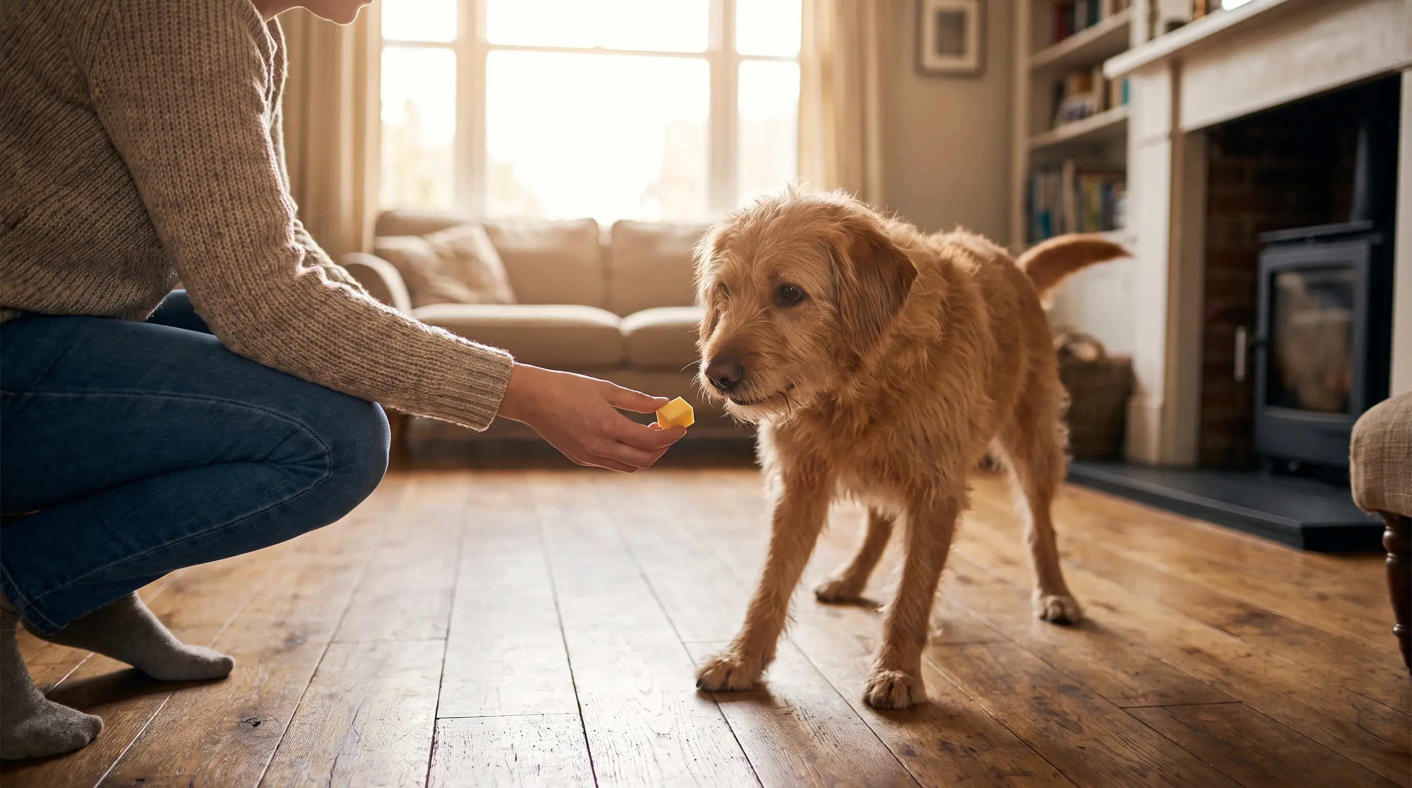 Ein Halter kniet drinnen und reicht einem gerade herbeigelaufenen Hund ein kleines Stück Käse