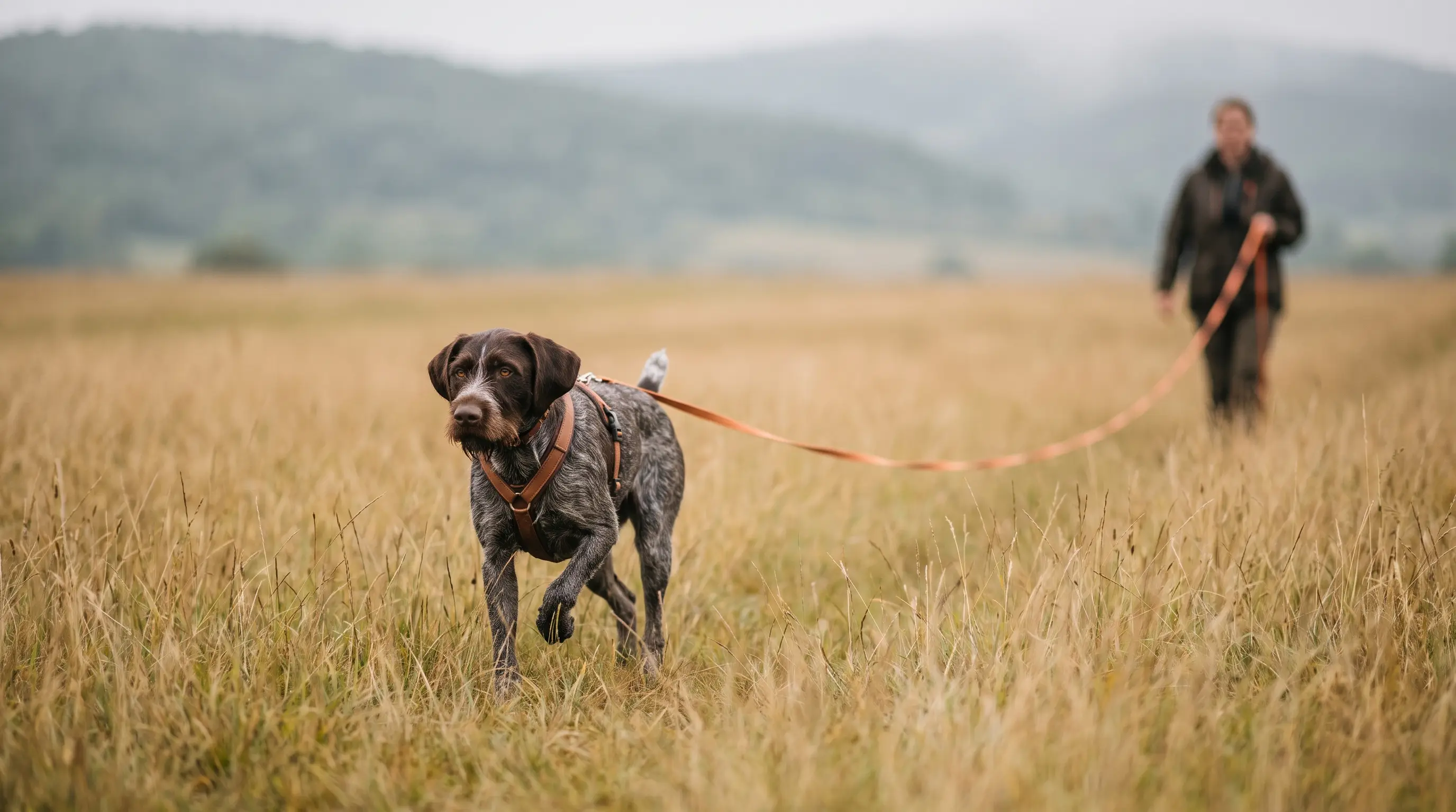 Ein Hund an einer langen Schleppleine trabt über eine Wiese auf seinen Menschen zu