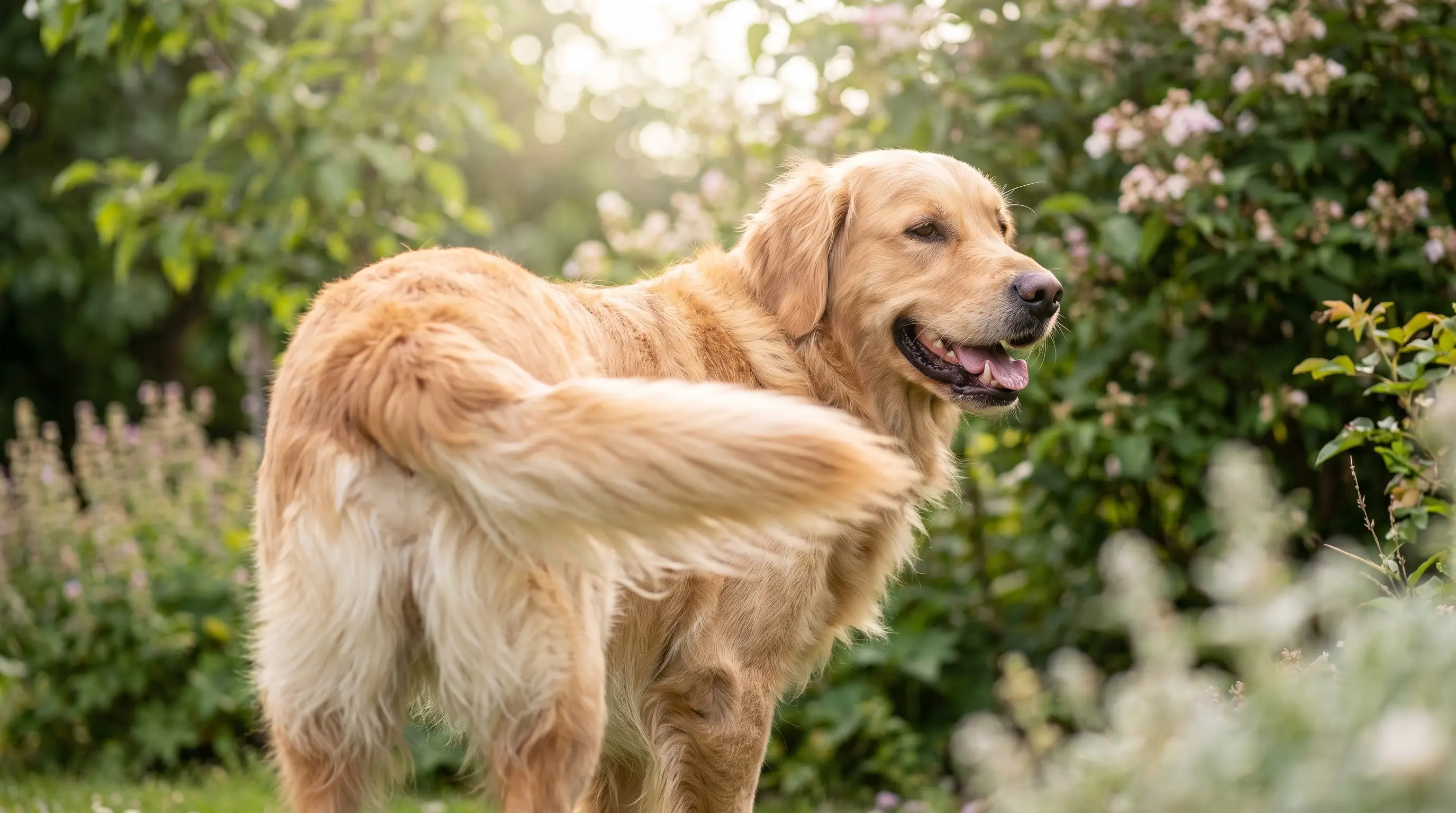 Nahaufnahme eines glücklichen Hundes, der im Garten mit dem ganzen Körper das