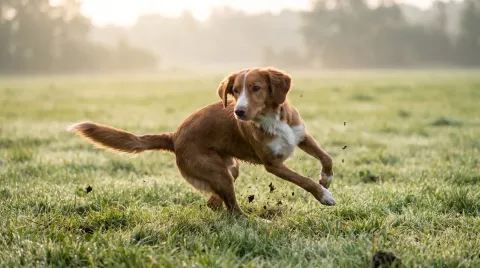 A dog running at speed across grass, mid-turn, with its tail swung out to one side as a counterweight