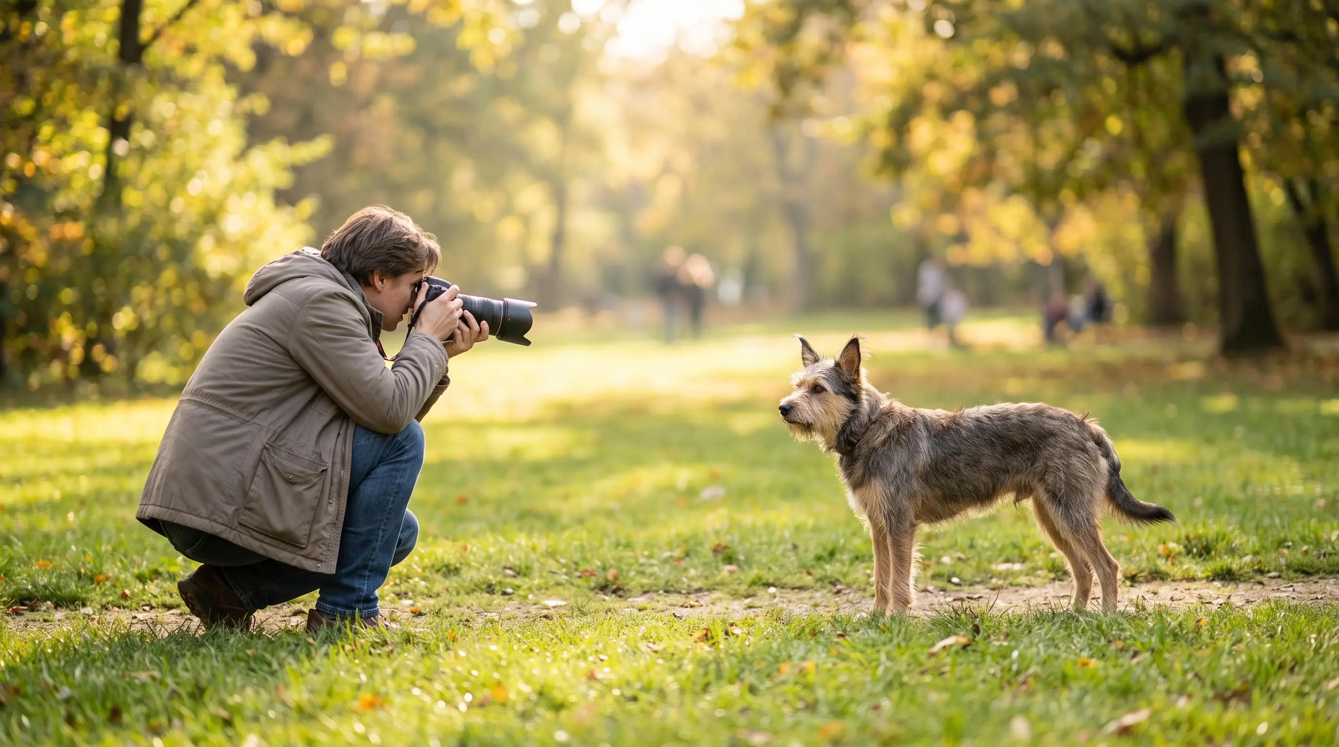 Eine Person kauert mit Abstand und liest im Park die gesamte Körperhaltung, die Ohren und das Gesicht eines Hundes