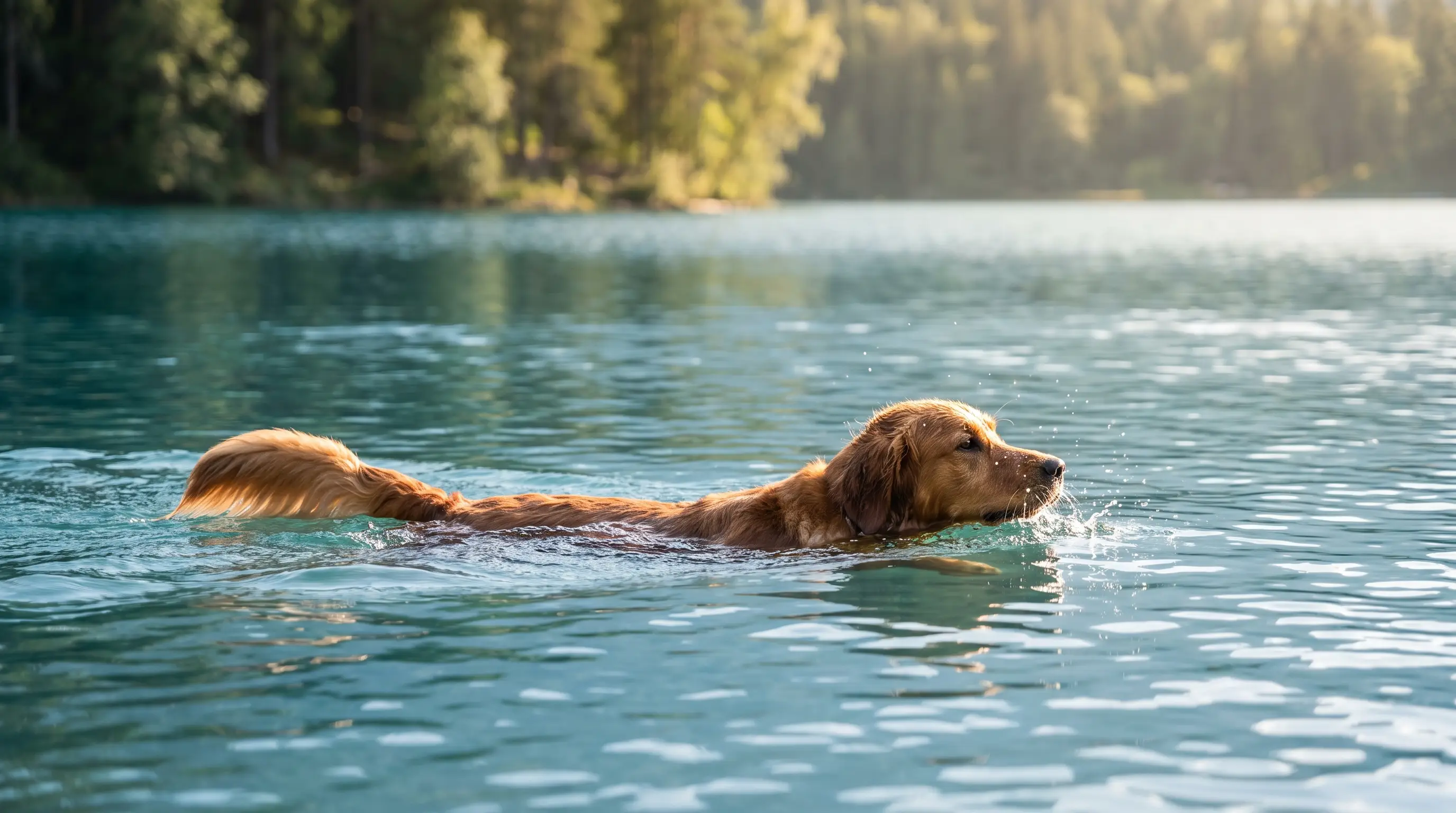 Ein Hund vom Retriever-Typ schwimmt im offenen Wasser, der Schwanz zieht wie ein Ruder hinter ihm her