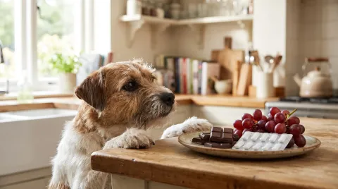 A curious dog reaching toward a kitchen counter holding chocolate, grapes, and sugar-free gum