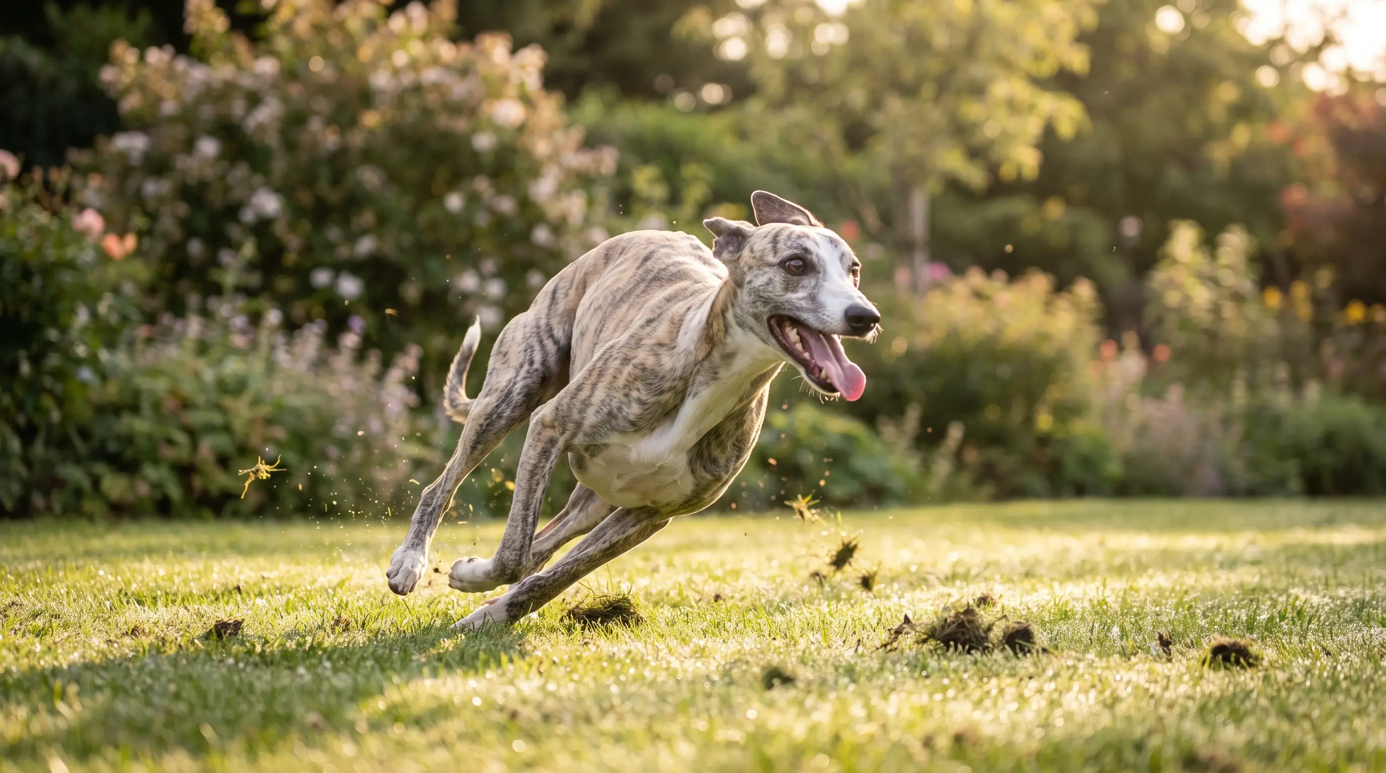 Young whippet mix sprinting flat out across a lawn, rear tucked low and ears pinned back by speed