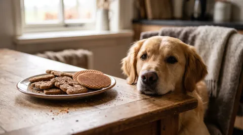 A dog looking longingly at a plate of speculaas biscuits and stroopwafels on a Dutch kitchen table