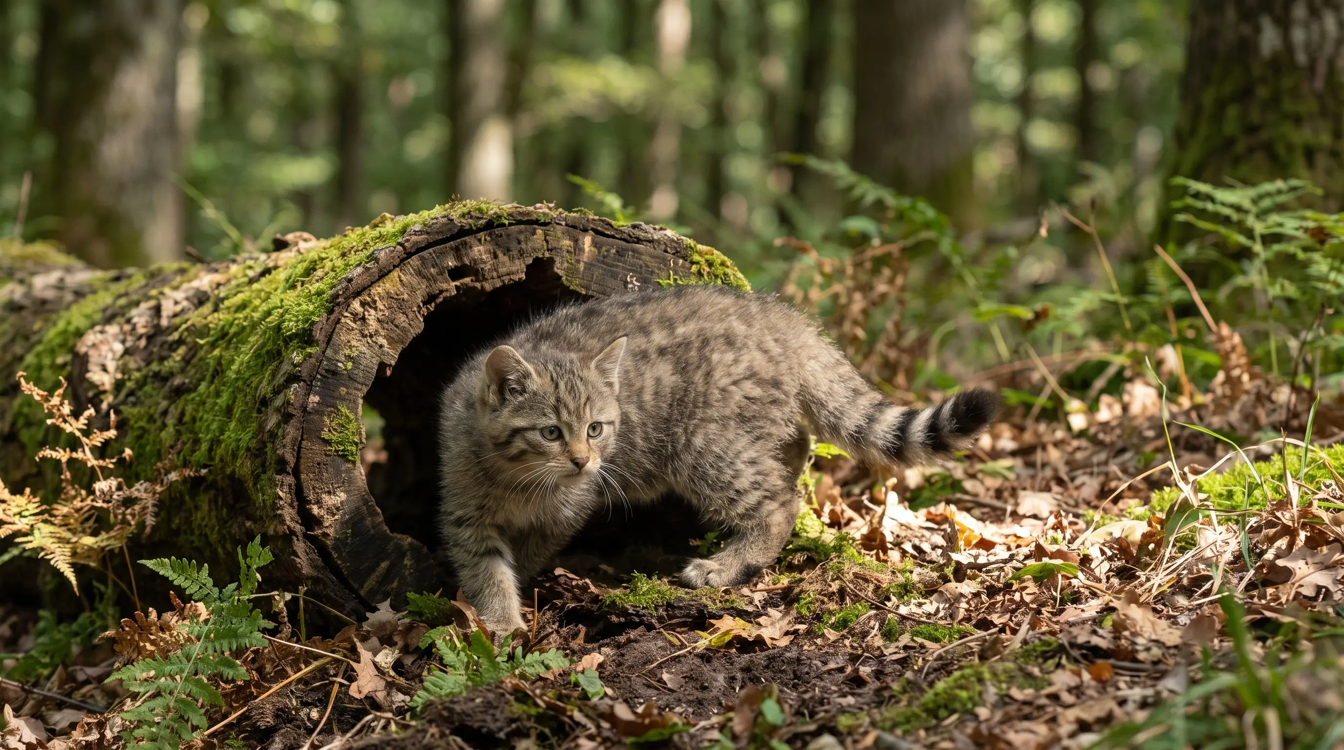 A wildcat kitten peering out from a hollow fallen log serving as a den in dense woodland.
