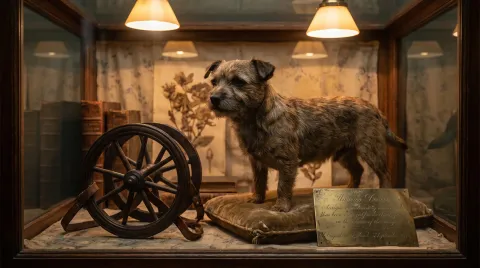 A Victorian museum display of a taxidermy short-legged kitchen dog beside an antique wall-mounted turnspit wheel and a brass identification plaque.