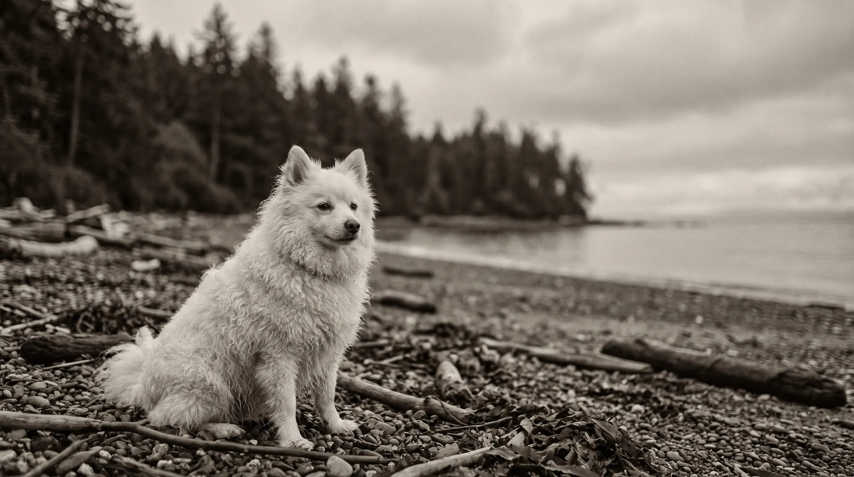 A small white woolly spitz-type Salish wool dog with a dense fleece-like coat standing on a rocky Pacific Northwest shoreline.