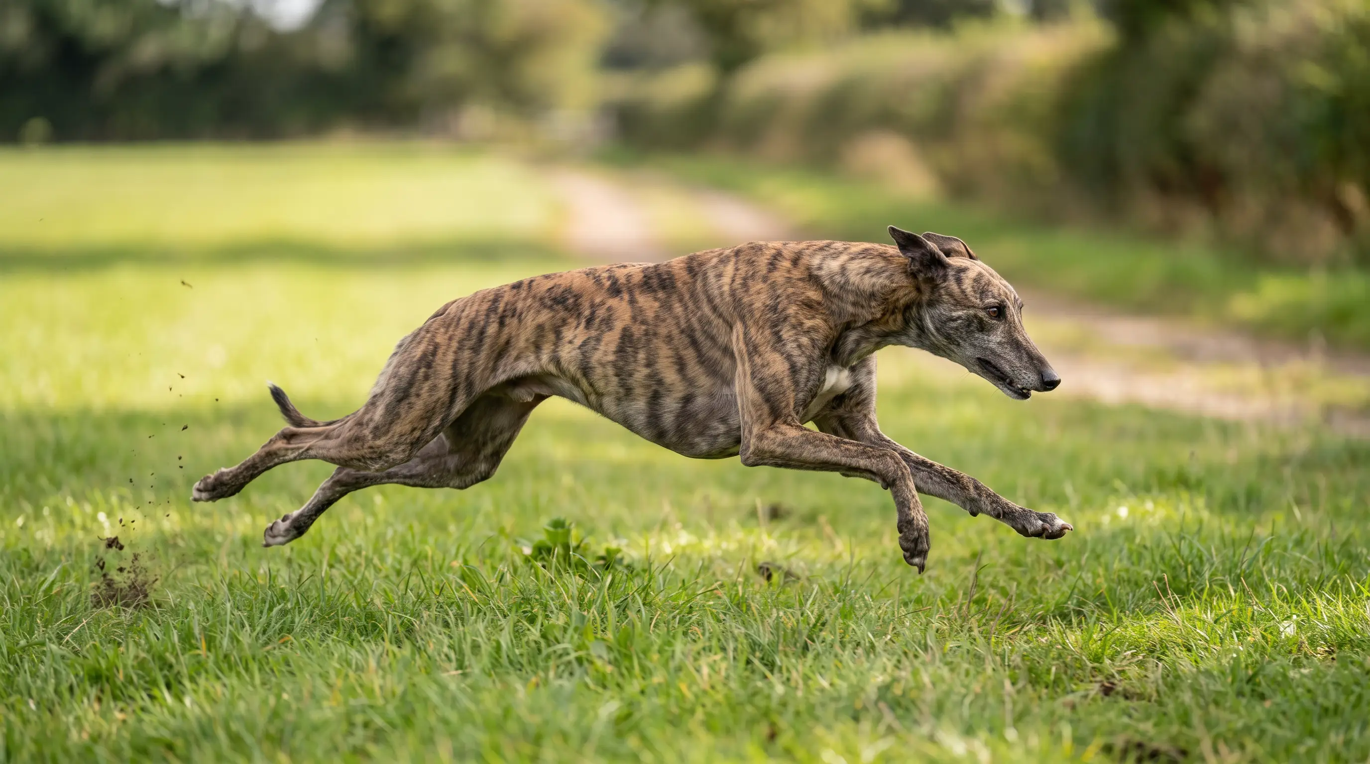 A racing Greyhound at full stretch mid-stride on grass, all four feet off the ground