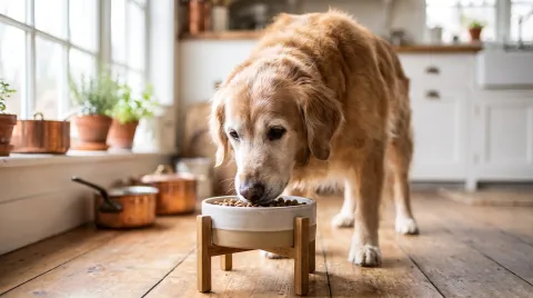 A grey-muzzled older dog eating from a raised bowl in a bright kitchen