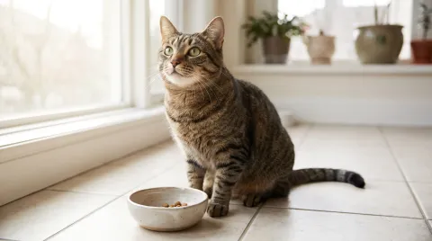A domestic cat looking up expectantly beside a small measured bowl of food on a kitchen floor
