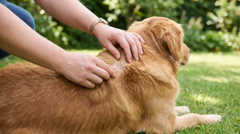 Owner parting a dog's fur to check the skin for ticks and fleas outdoors after a walk