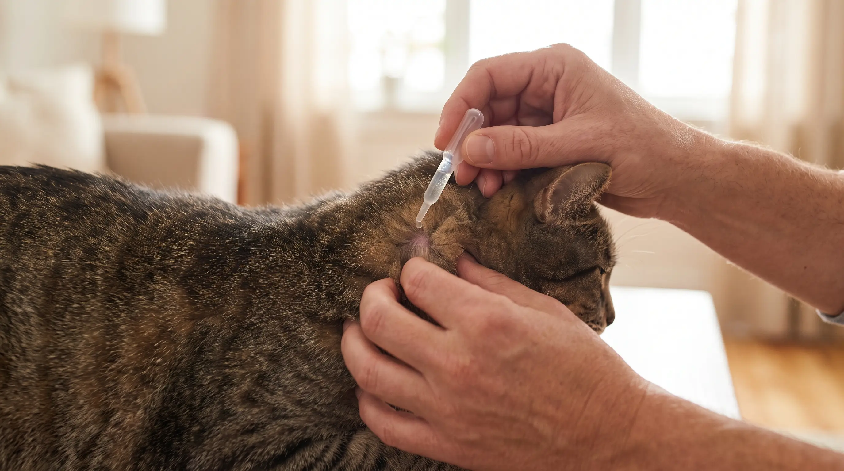 Halter, der ein Spot-on-Mittel gegen Flöhe und Zecken auf die Haut im Nacken einer Katze aufträgt