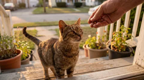 A thin, friendly tabby cat looking up at a person's hand on a suburban porch at dusk
