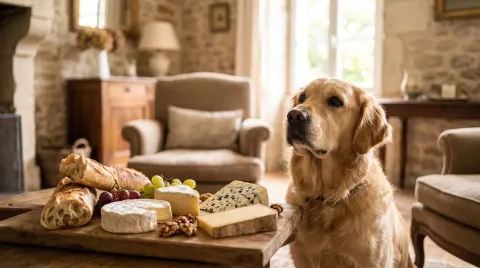 A dog looking up at a French cheese board and a baguette on a table