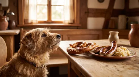 A dog looking up at a fresh Brezel and a plate of Wurst on a German kitchen table