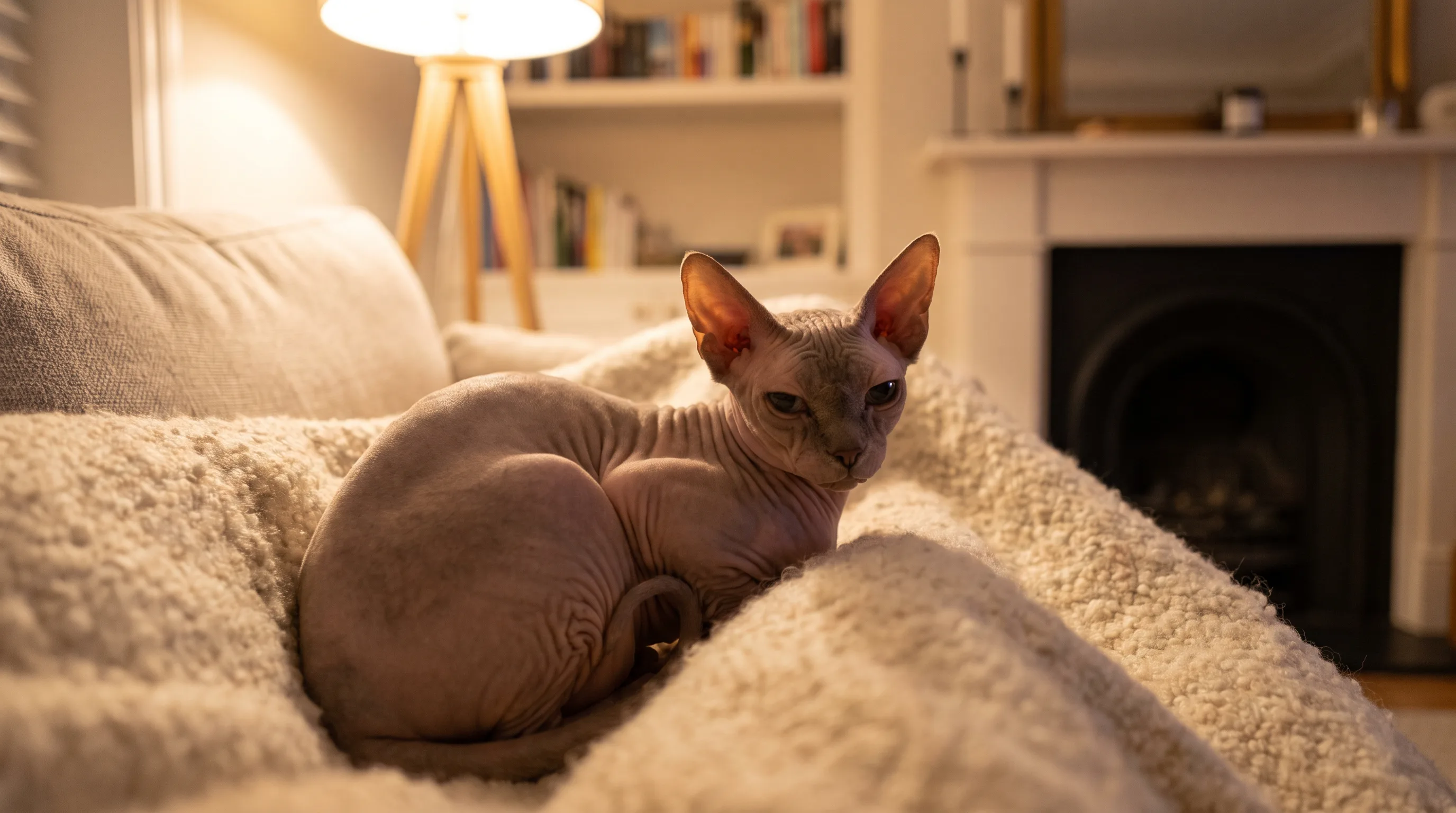 A Sphynx cat wrapped in a soft blanket on a sofa, wrinkled skin and large ears catching warm lamplight