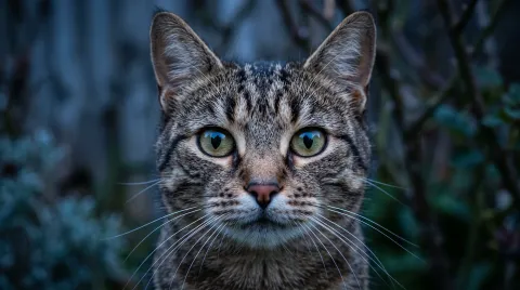 Close-up of a tabby cat's face at twilight, large eyes catching the last light, whiskers spread wide