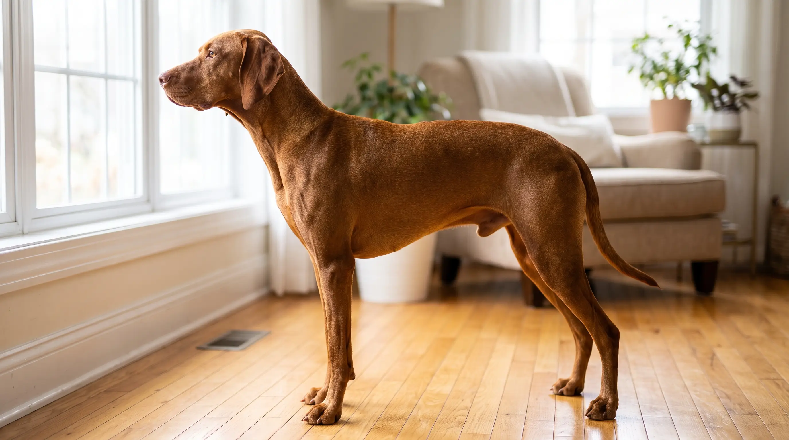 A lean, healthy adult dog standing in profile showing a visible waist and tucked belly