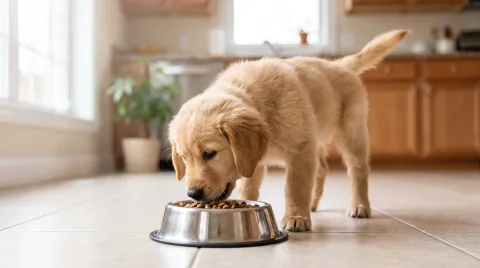 A young puppy eating from a stainless steel bowl on a kitchen floor, tail up