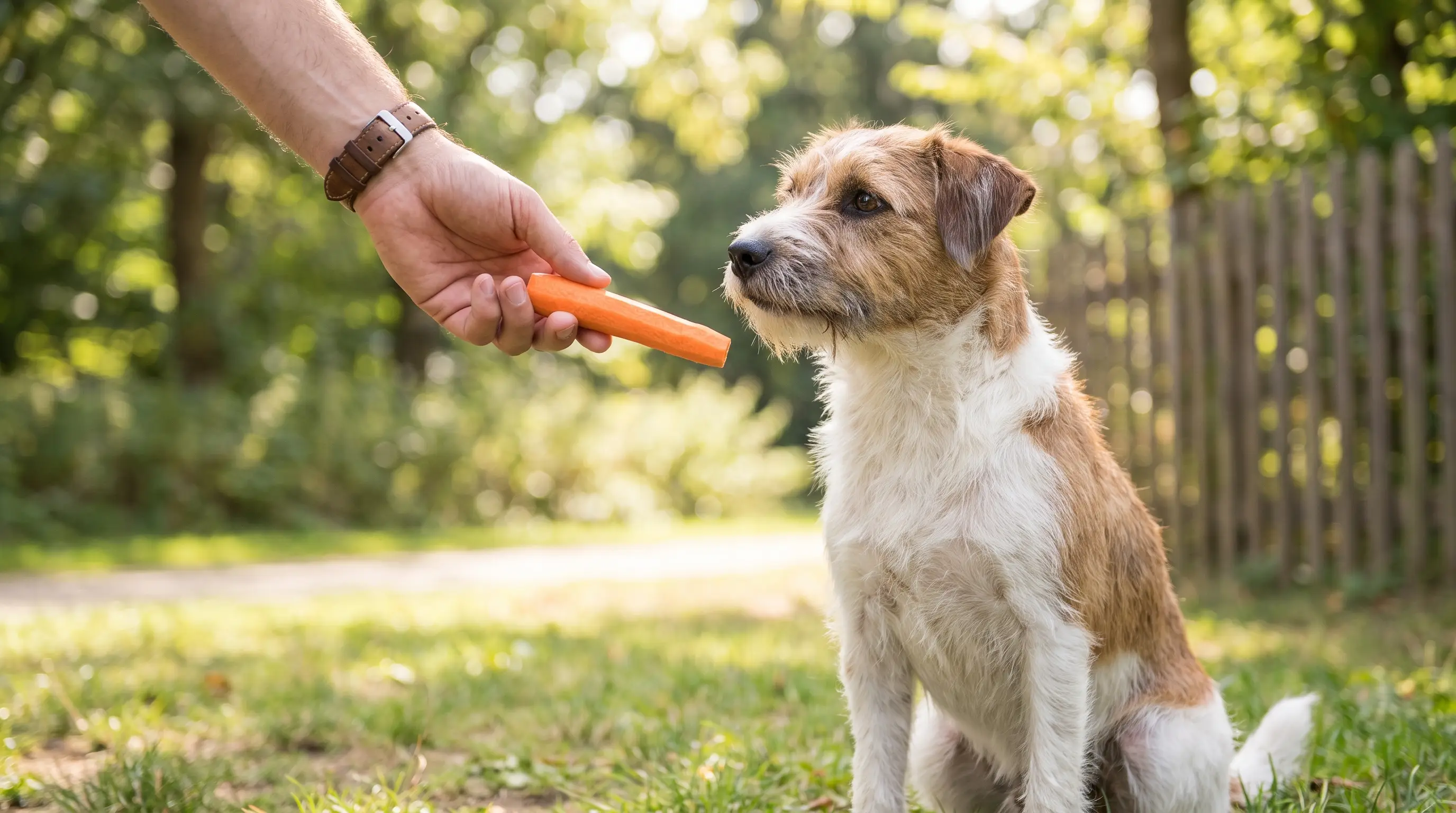 Una mano ofreciendo un palito de zanahoria cruda a un perro mediano atento sentado al aire libre.