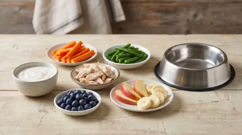 A flat lay of dog-safe human foods including cooked chicken, carrot sticks, green beans, blueberries and apple slices beside an empty dog bowl.