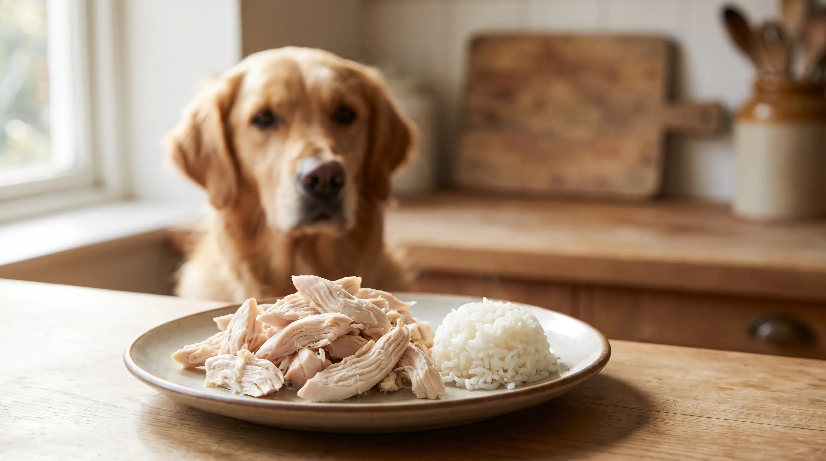Un plato de pollo hervido desmenuzado sin nada y arroz blanco sobre la encimera de la cocina, con un perro esperando desenfocado al fondo.