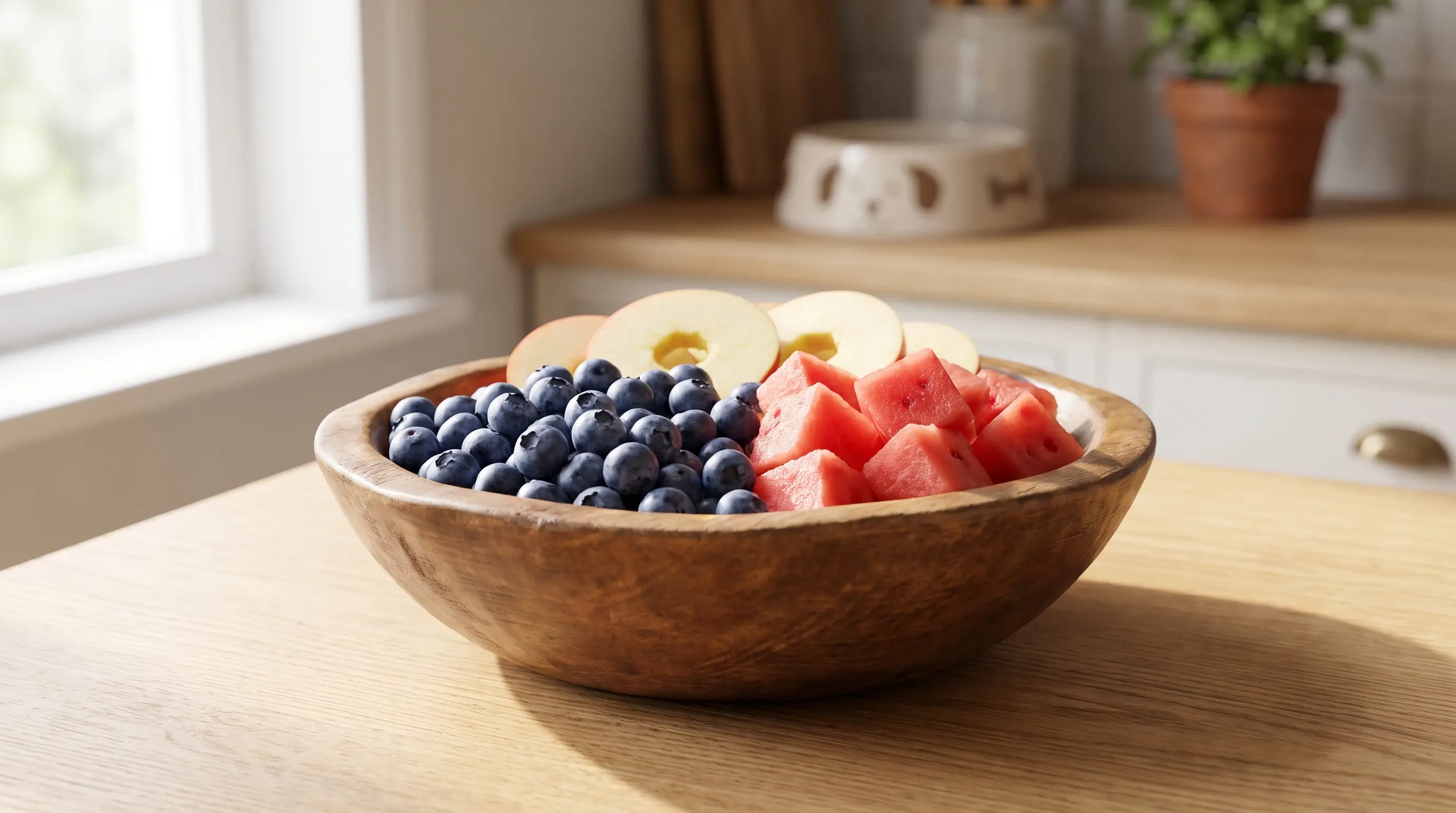 Un cuenco de madera con fruta segura para perros: arándanos, dados de sandía sin pepitas y rodajas de manzana sin corazón sobre una mesa luminosa.