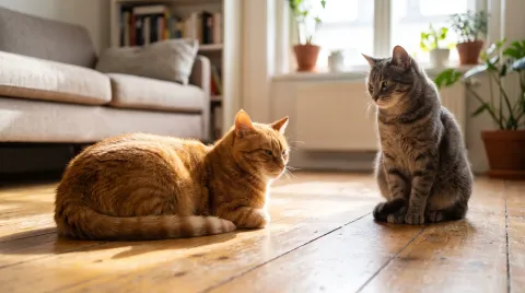 A ginger cat lying relaxed on a wooden floor while a grey tabby sits a short distance away, both calm and keeping an easy space between them