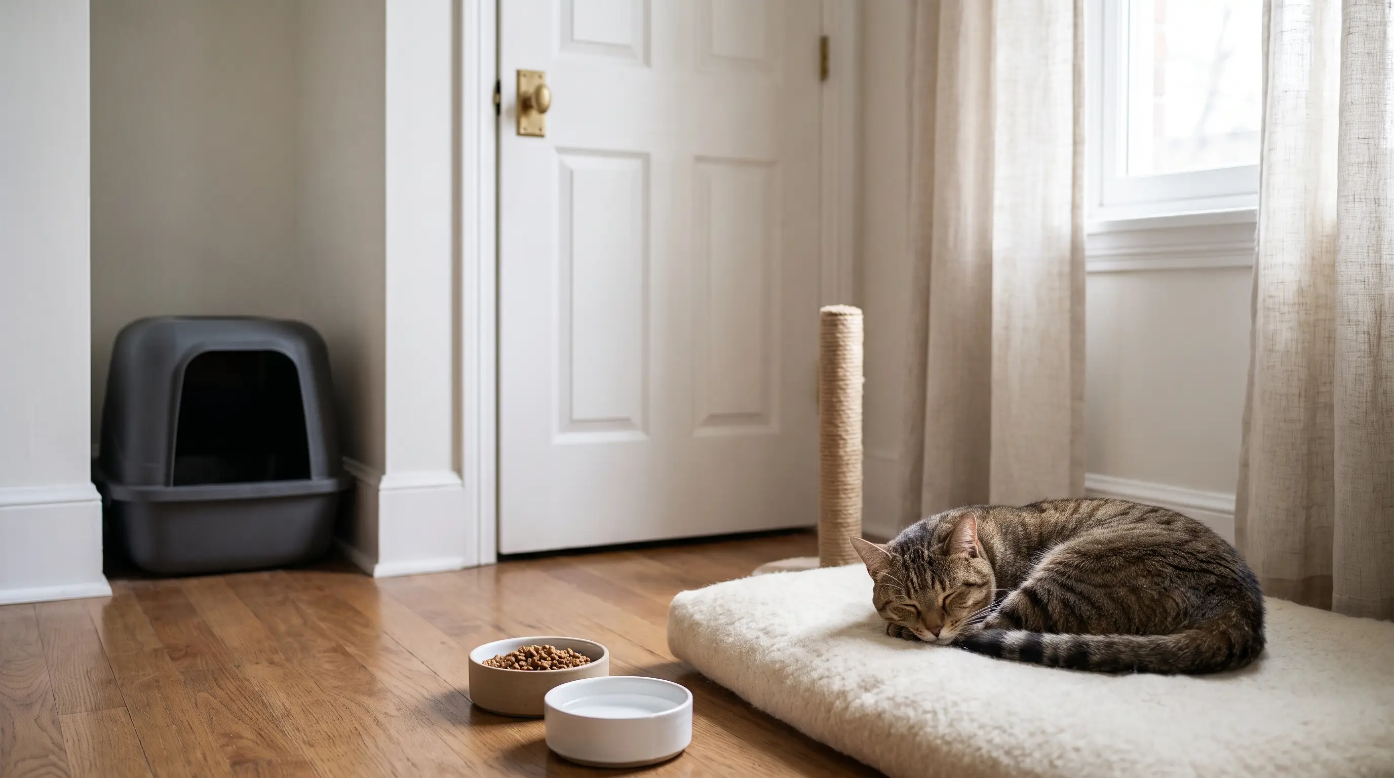 A cat resting calmly in a quiet room set up with its own bed, bowls and litter box