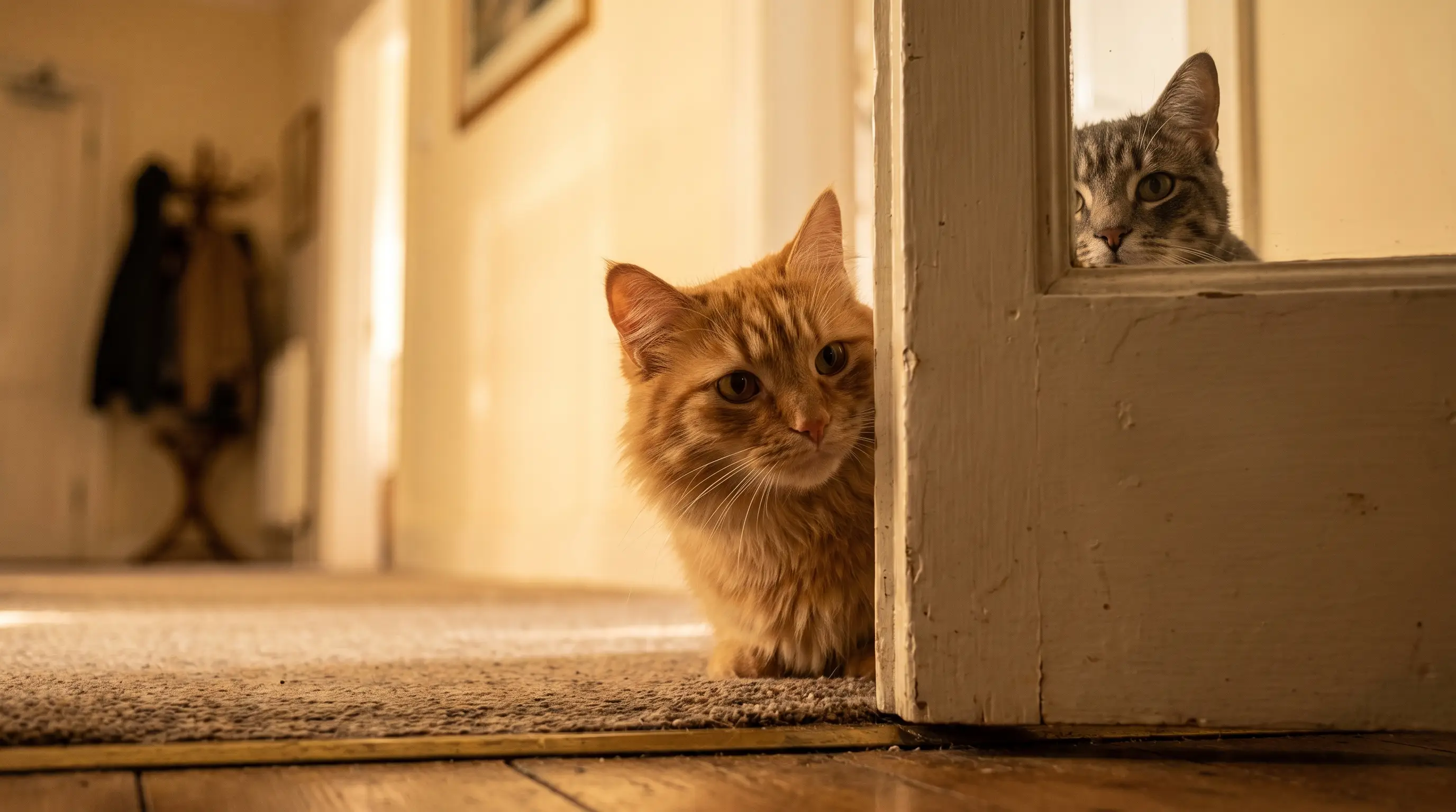 A ginger cat and a grey tabby looking calmly at each other through the gap of a partly open door