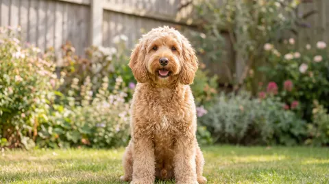A curly-coated Cockapoo sitting on grass, a Cocker Spaniel and Poodle cross