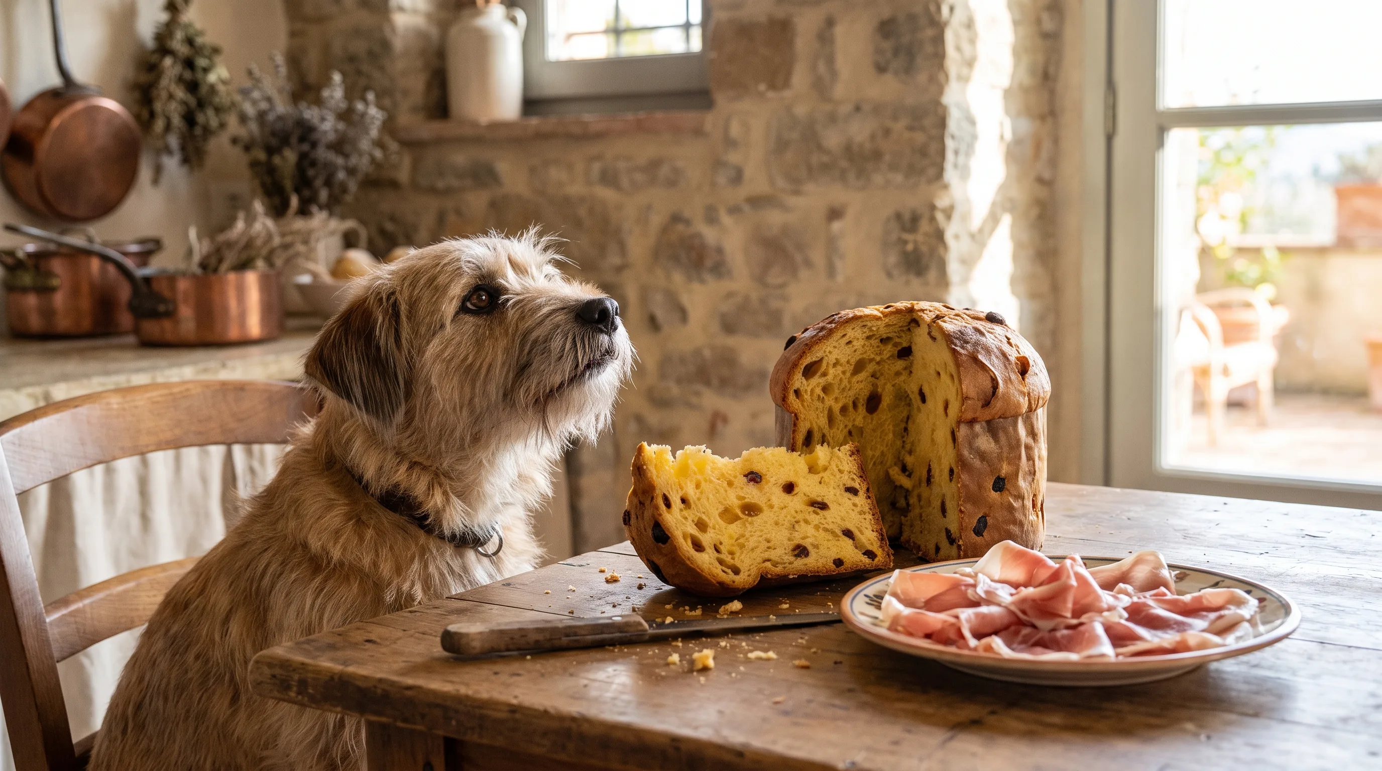 A dog eyeing a slice of panettone and a plate of prosciutto on an Italian kitchen table