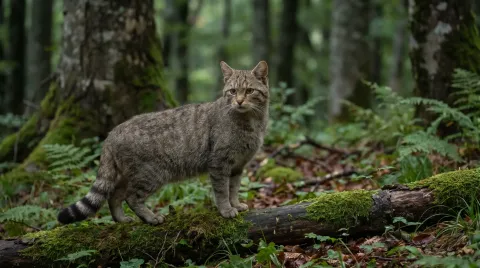 A European wildcat with a thick black-ringed tail standing among the leaf litter of an Apennine beech forest at dusk