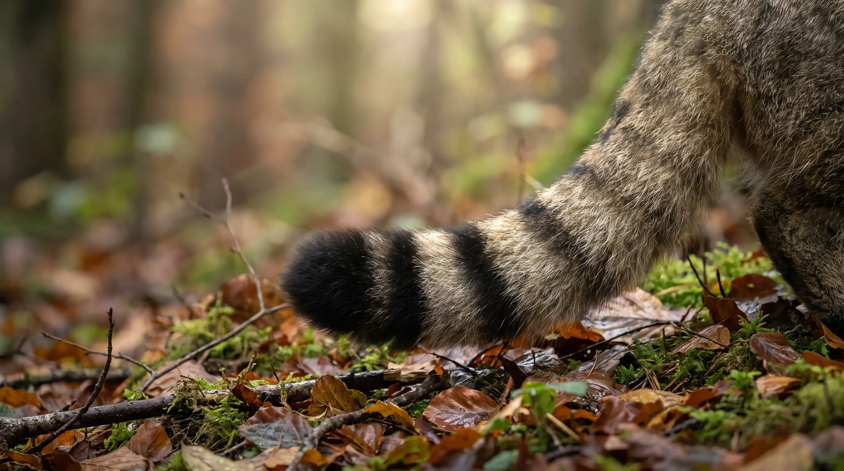 Close view of a European wildcat's thick blunt tail ringed with black bands and ending in a rounded black tip