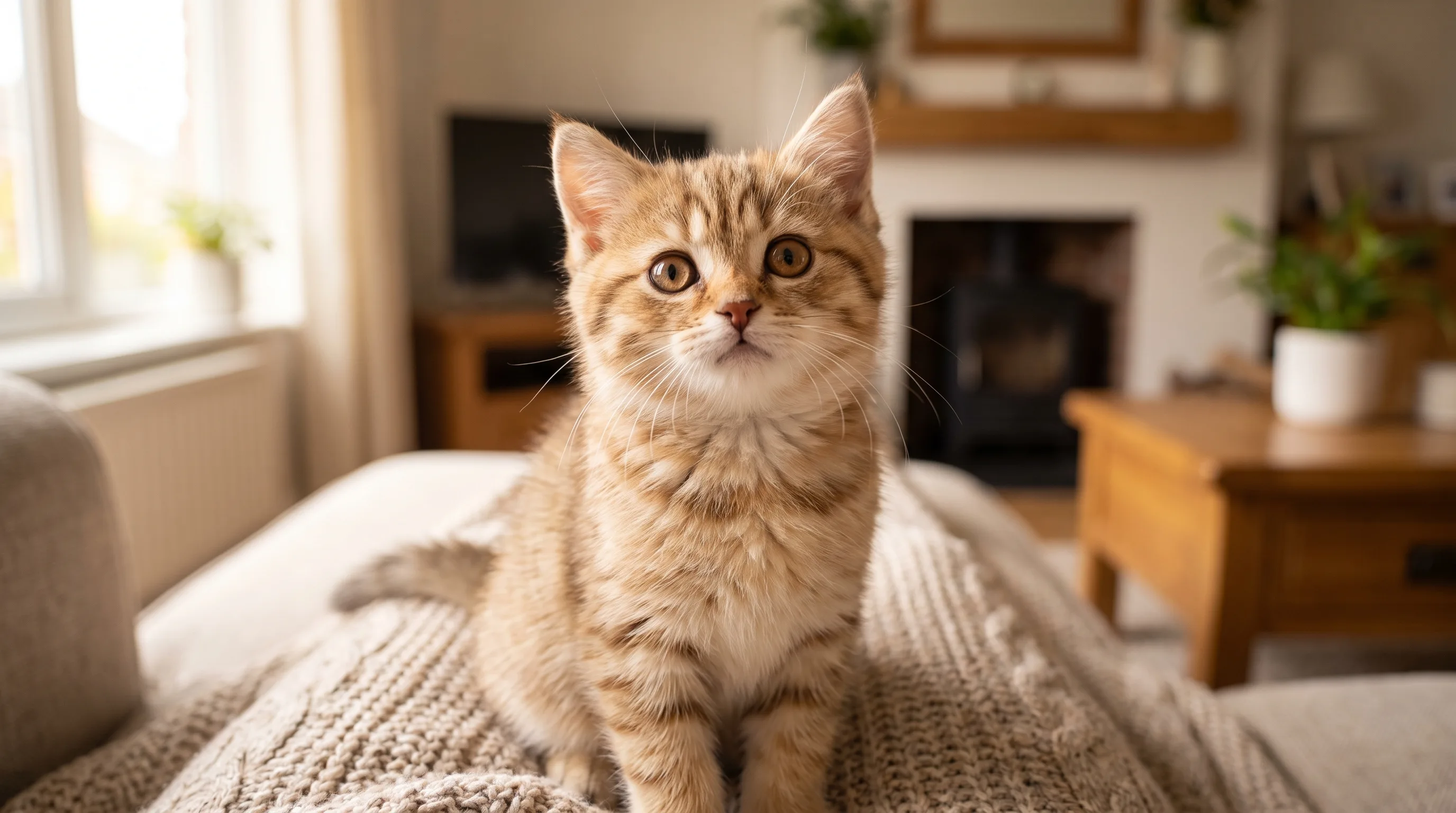 A young kitten sitting and looking up, at the start of its first year