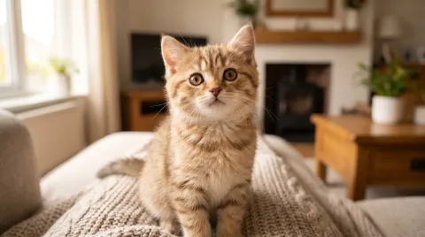 A young kitten sitting and looking up, at the start of its first year