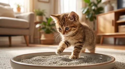 A small tabby kitten stepping over the low edge of an open litter tray on a tiled floor
