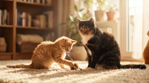A young kitten and a calm adult cat sitting side by side in warm light