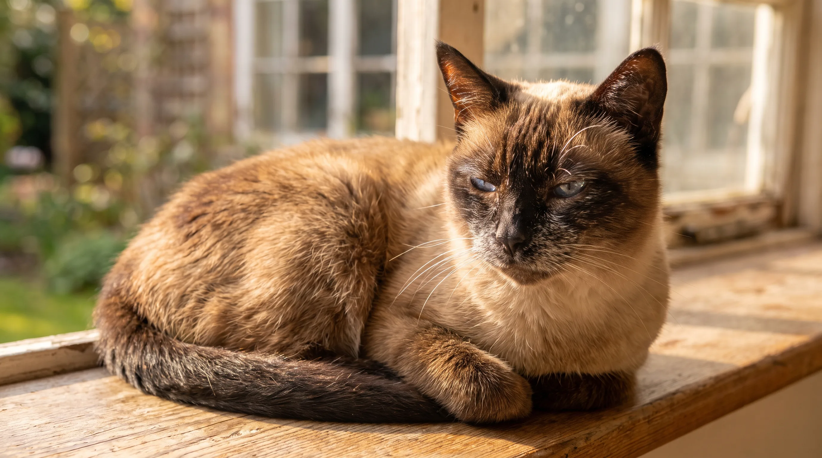 A dignified older Siamese cat curled on a sunlit windowsill, eyes half closed, dozing in the warm light