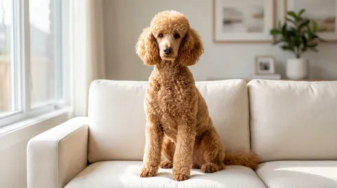 A curly-coated Poodle sitting on a clean sofa with no loose hair visible around it