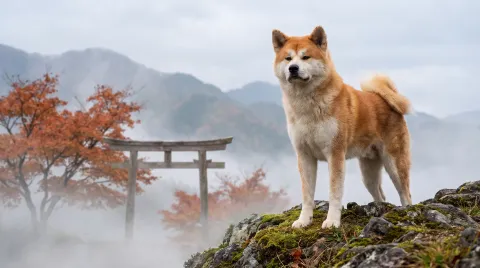 An Akita standing on a misty Japanese mountainside, thick cream coat and curled tail