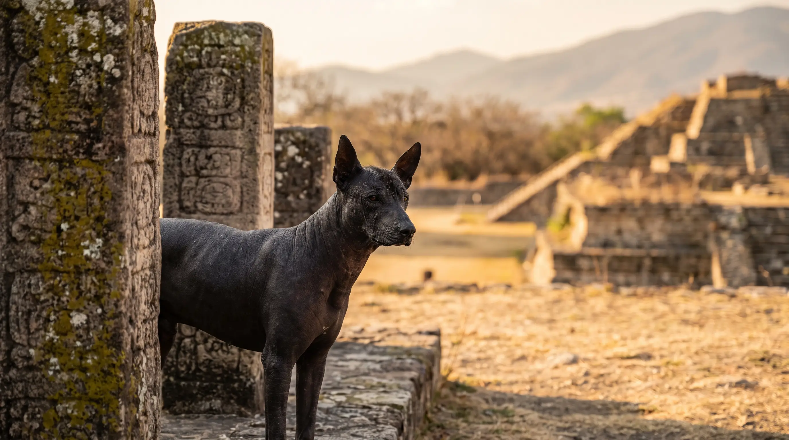 A hairless Xoloitzcuintli standing beside weathered pre-Columbian stone carvings