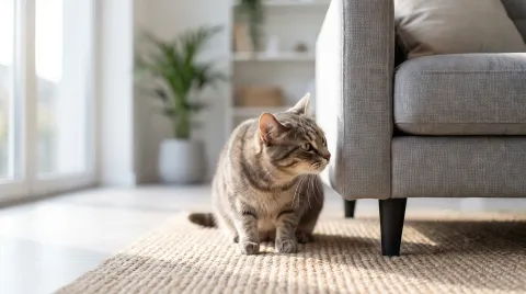 A cat cautiously exploring a tidy, prepared living room in warm natural light