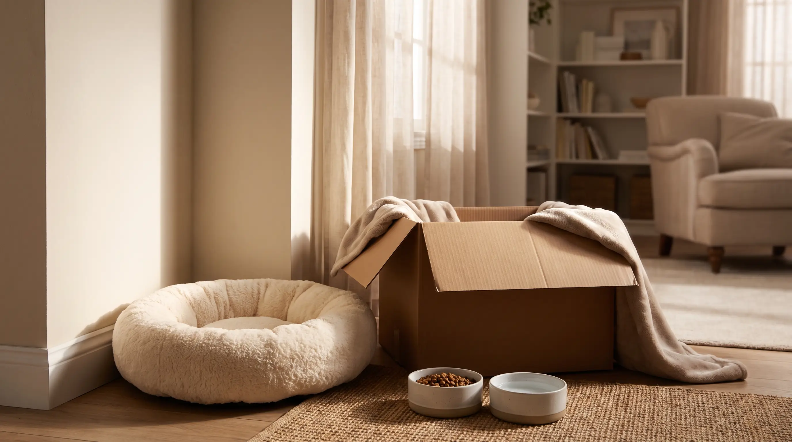 Ein gemütlicher, ruhiger Rückzugsraum mit einem Katzenbett und einem Karton zum Verstecken