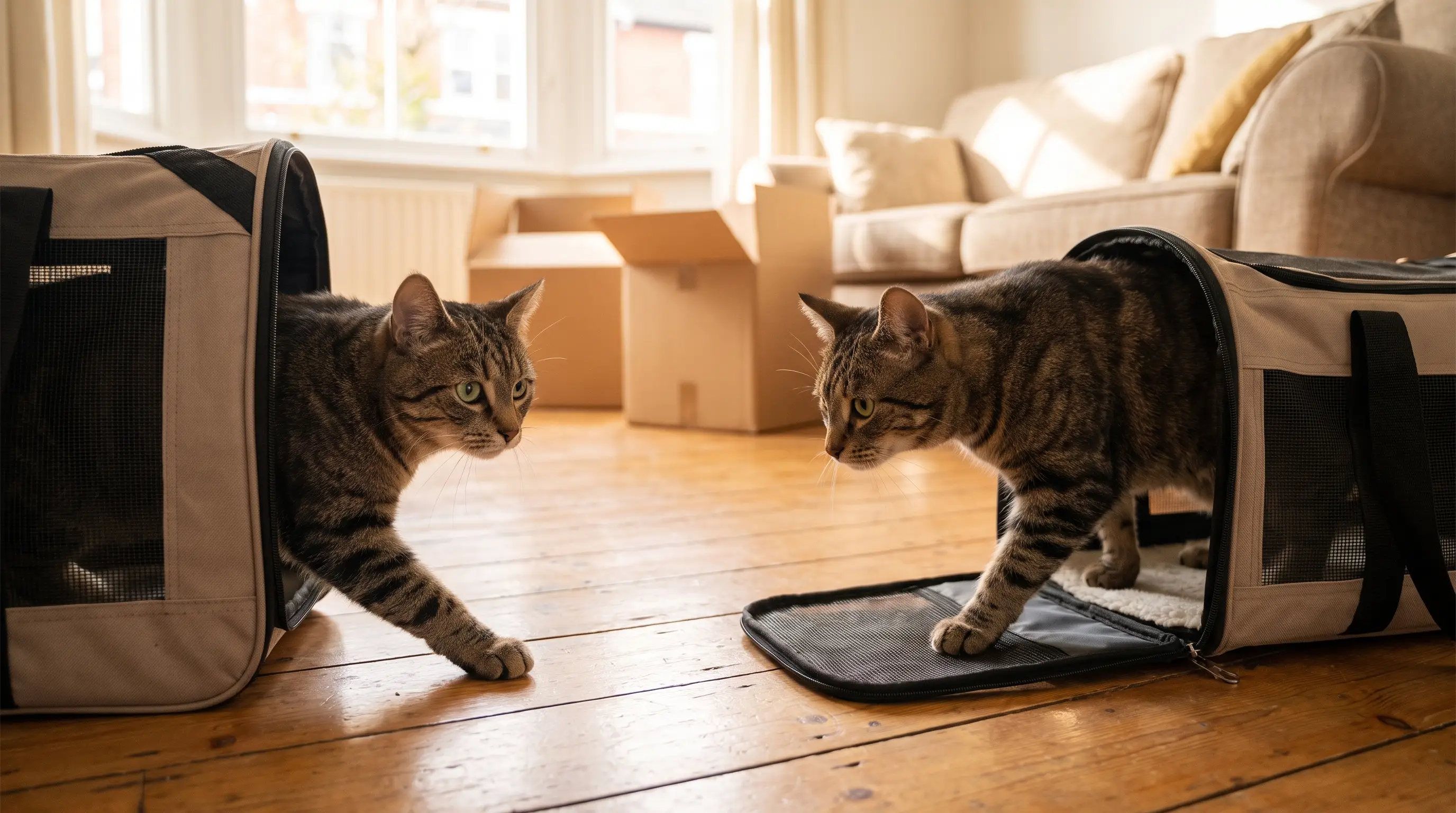 Eine Katze, die bei der Ankunft vorsichtig aus einer offenen Transportbox steigt